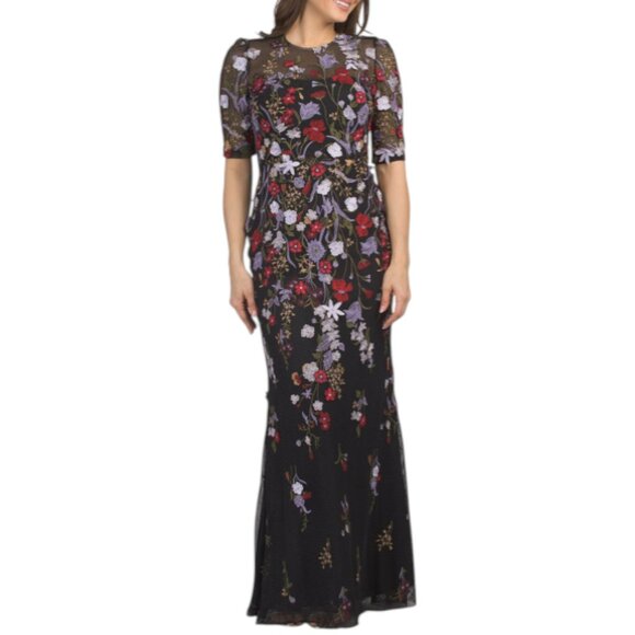 TERI JON Mesh Lace 3d Floral Elbow Sleeve Gown